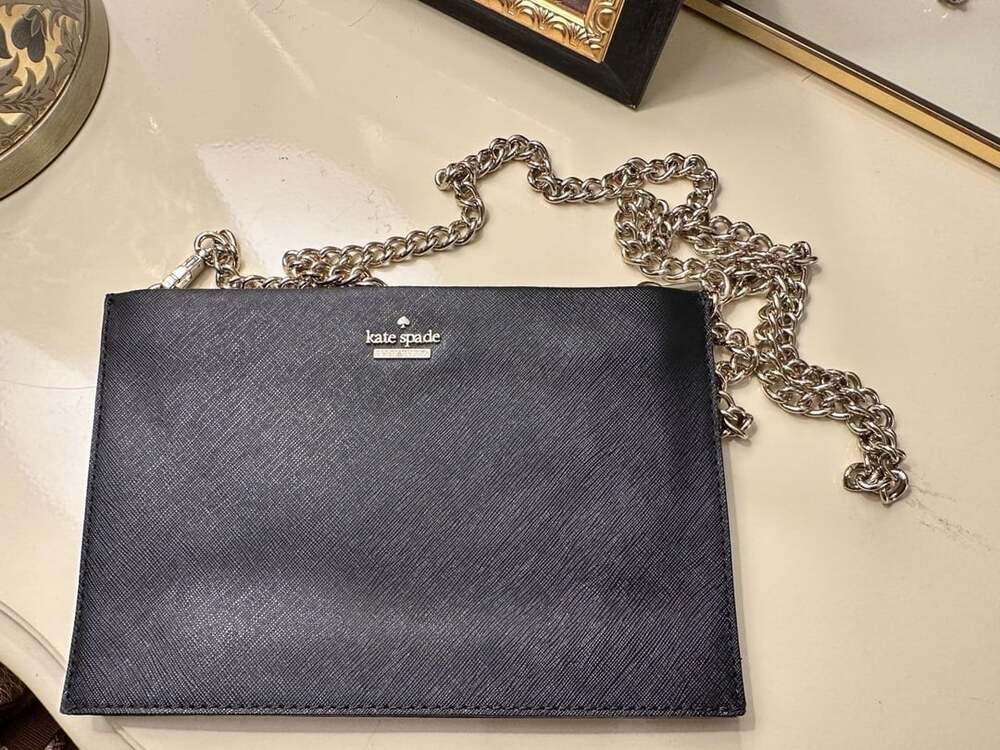 Kate Spade Black Saffiano Leather Crossbody Purse with Gold Chain